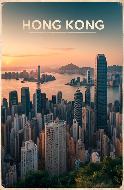 Poster Retro Hong Kong Bird's Eye View Art: Classic Cityscapes