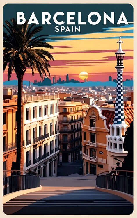 Poster Vintage Travel Illustration of Barcelona: Classic Charm