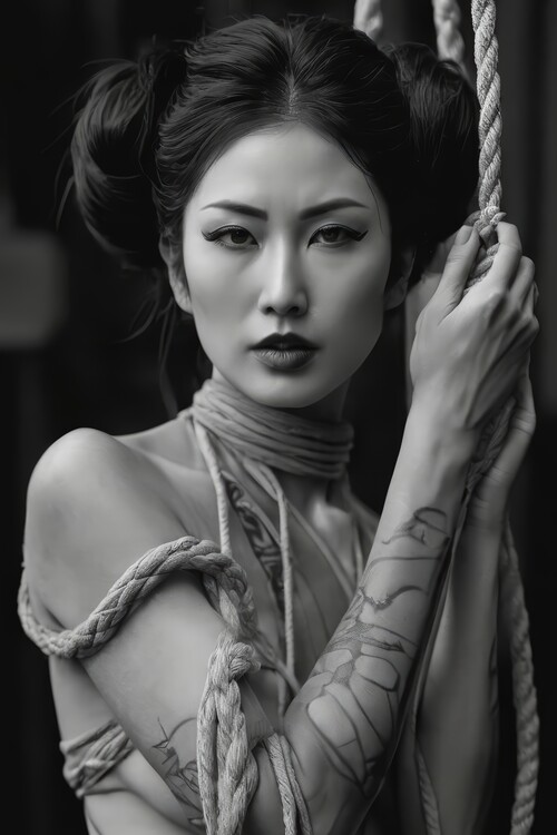 Poster Black and white portrait of a geisha woman