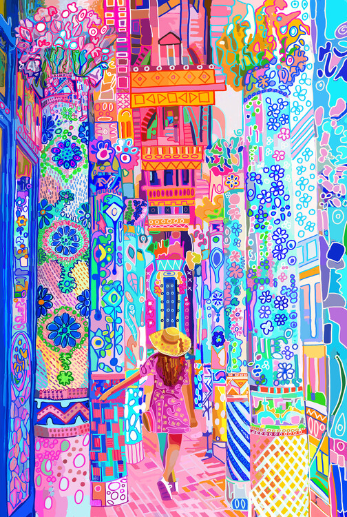 Póster Colorful Tourist in Gaudi's House