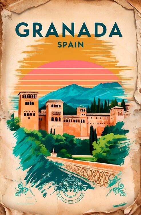 Poster Granada's Historical Beauty: Vintage-Inspired Drawing