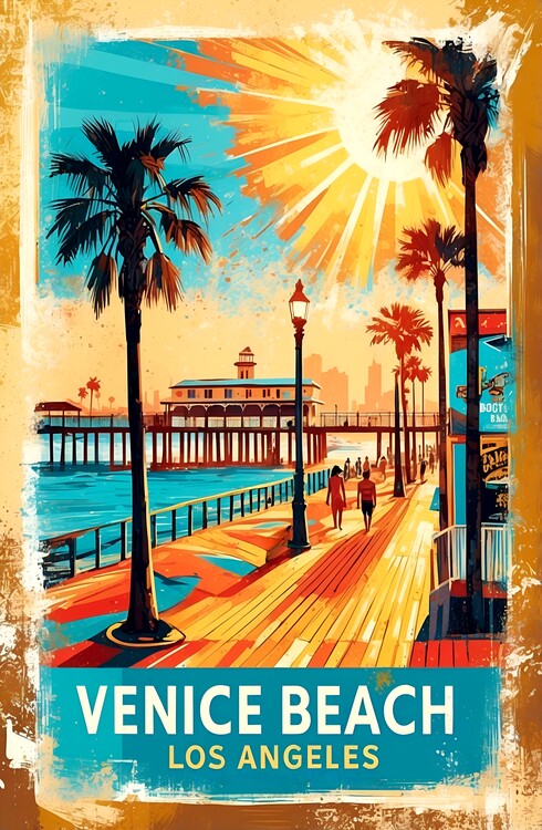 Poster Venice Beach Vintage: Artistic Rendering Iconic Seaside