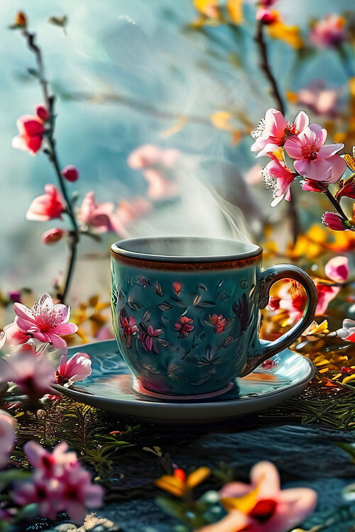Plakat A cup of coffee lined with surreal flowers, wall art prints