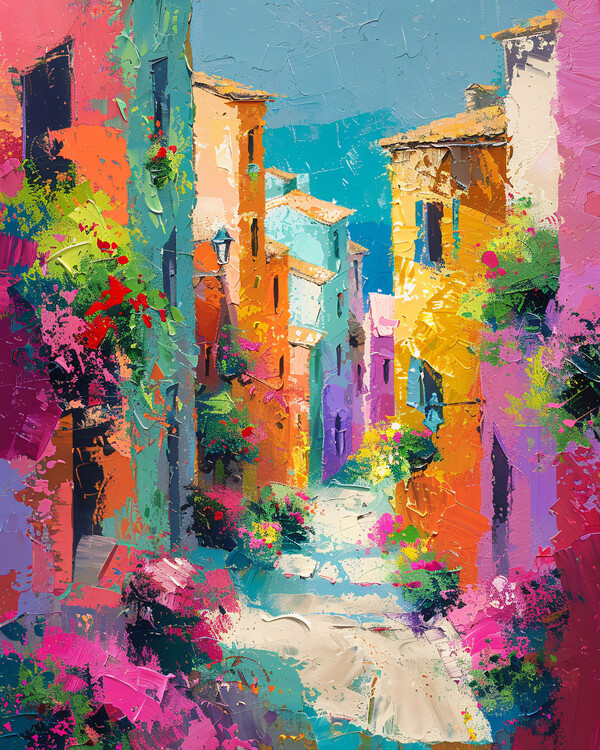 Poster Colorful houses in a Mediterranean village street painting