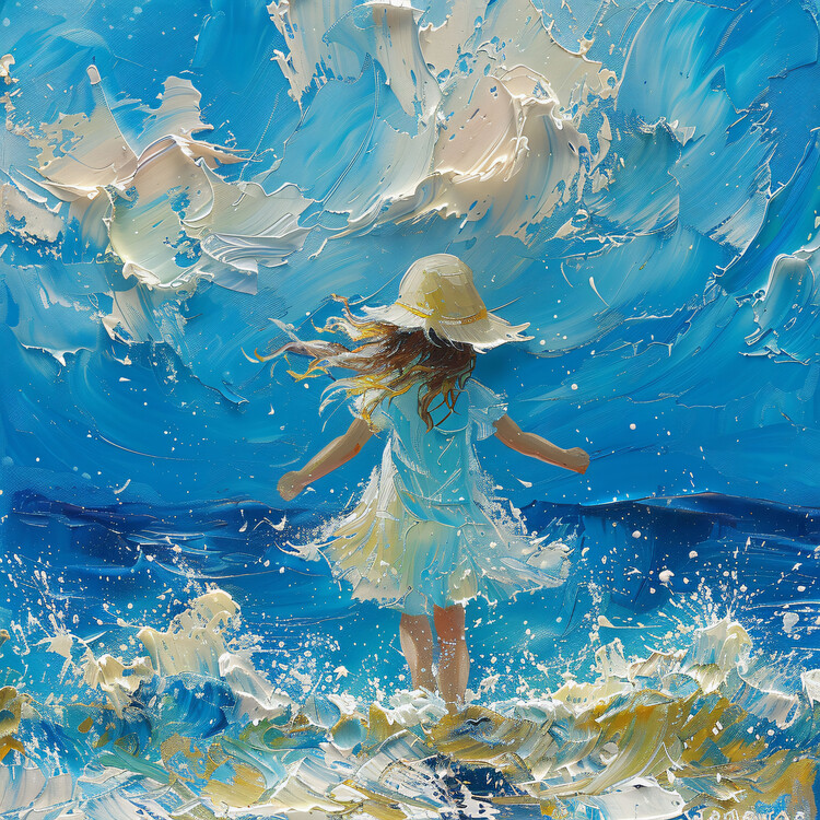 Плакат Cute little girl in front of a sea breeze painting for print