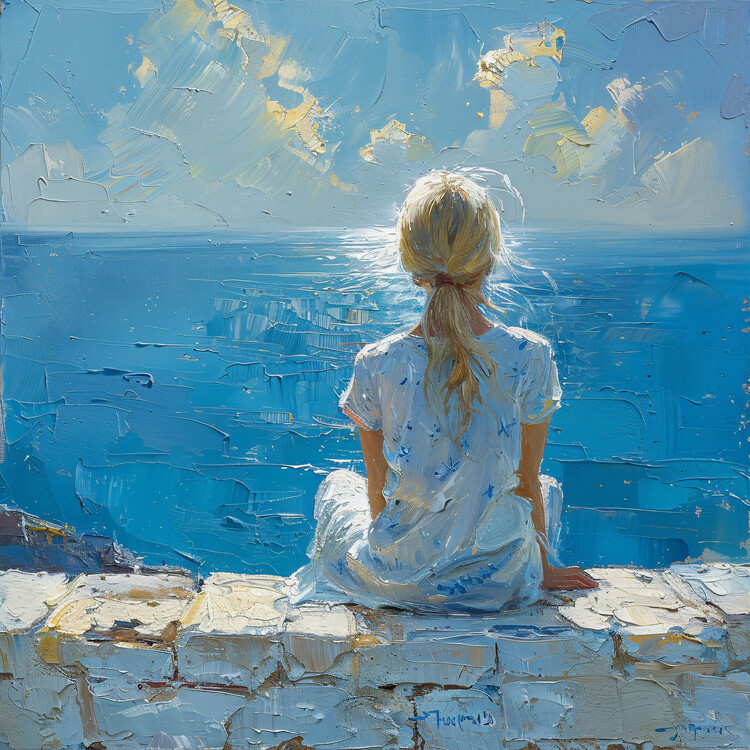 Poster Young woman in a sea breeze painting | art prints for sale