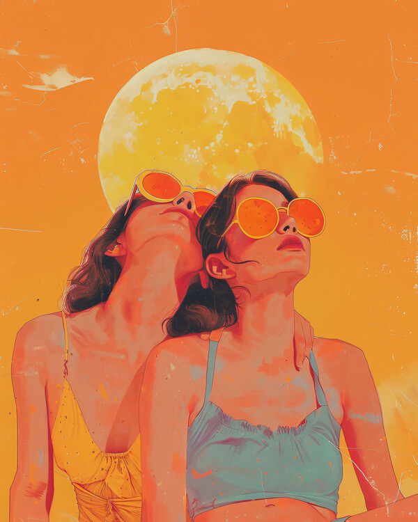 Plagát Two women with sunglasses & sunset behind, online art prints
