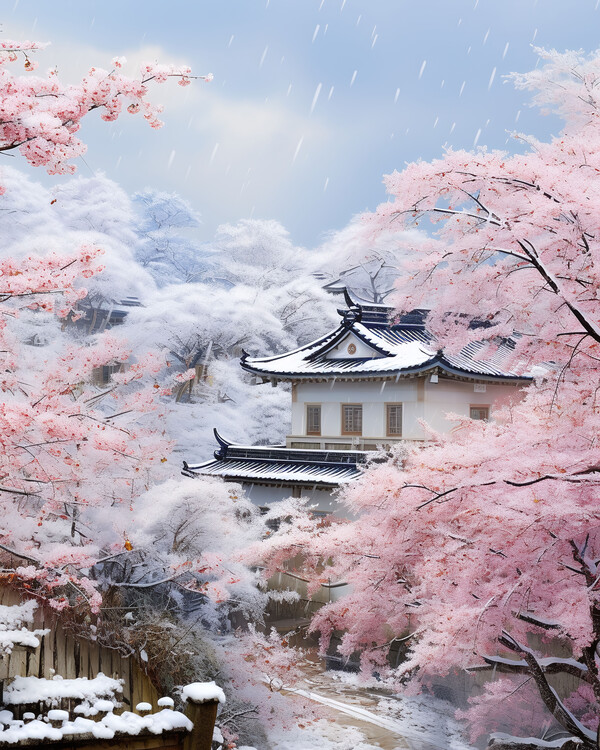 Poster Chinese village in snowy landscape, online wall art prints
