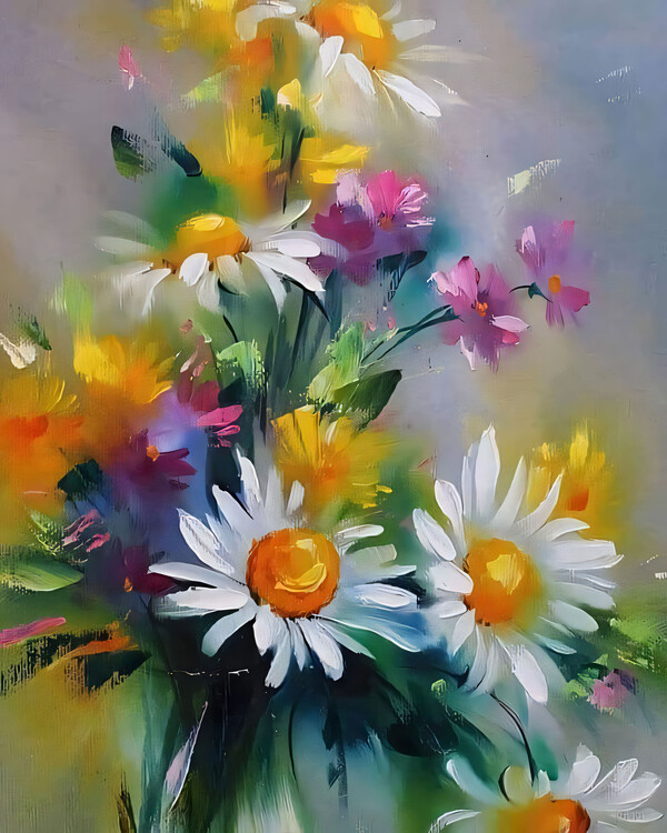 Poster Acrylic Painting : Colorful flowers on a table , art prints