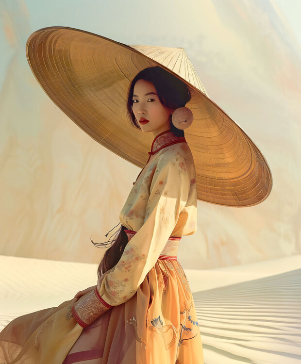 Плакат Asian woman in a yellow kimono on a desert, Chinese figures