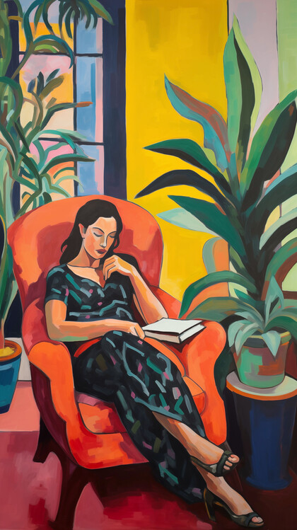 Плакат Woman reading a book sitting on a sofa, wall art prints