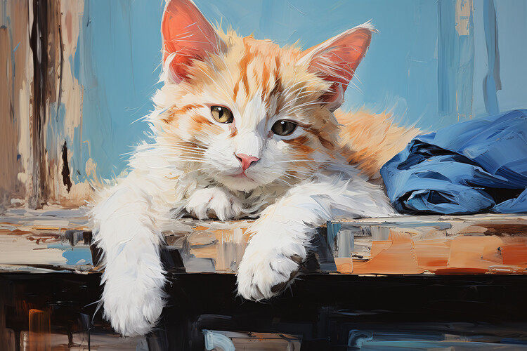 Poster Cute blond cat painting on canvas, pet art prints