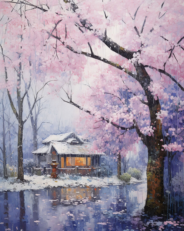 Poster Landscape oil painting Village in snowy day, wall art prints