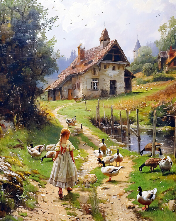 Poster Girl & poultry in an Old European landscape, art prints
