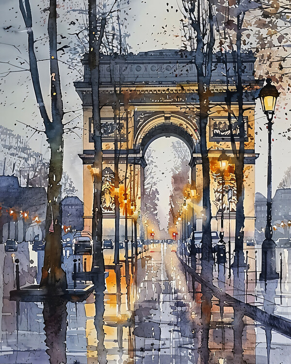 Poster Champs Elysées Paris in winter, Watercolor painting