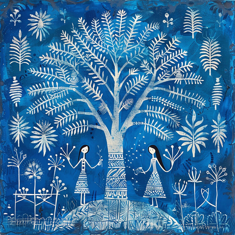 Poster women under a tree Canvas, blue naive pattern wall decor