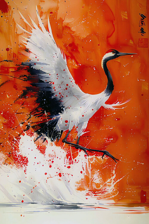 Poster Stork painted in warm colors, Asian wall decor ideas