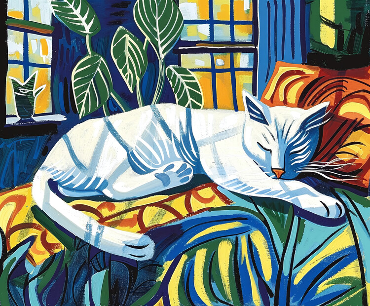 Poster White cat sleeping in the sunlight, wall decor for bedroom