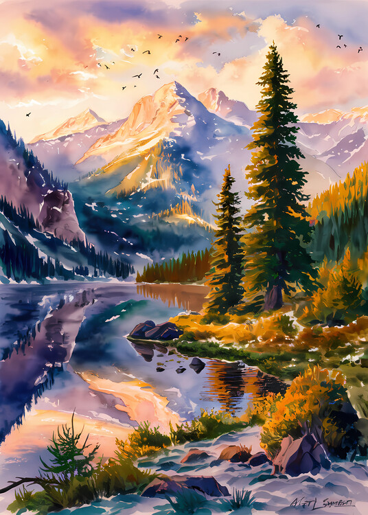 Poster Sunset Mountain Lake