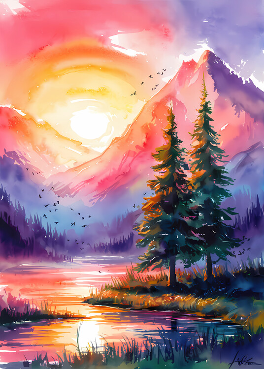 Poster Sunset Mountain Lake.