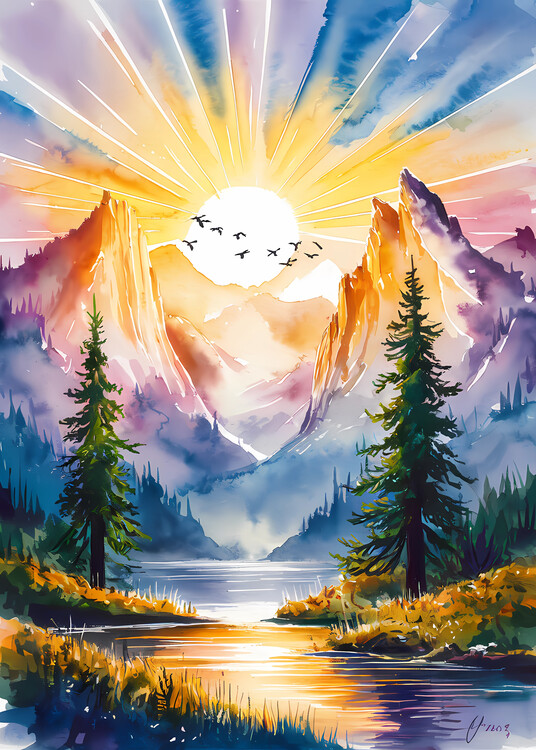 Poster Sunset Mountain Lake.