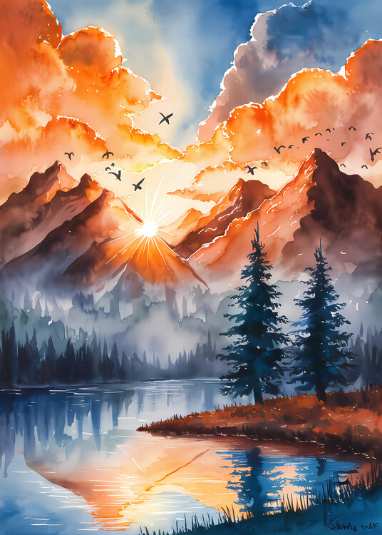 Poster Sunset Mountain Lake.