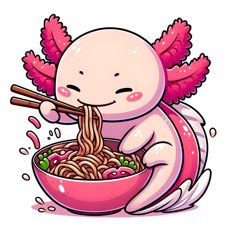 Poster kawaii cute Axolotl eating ramen