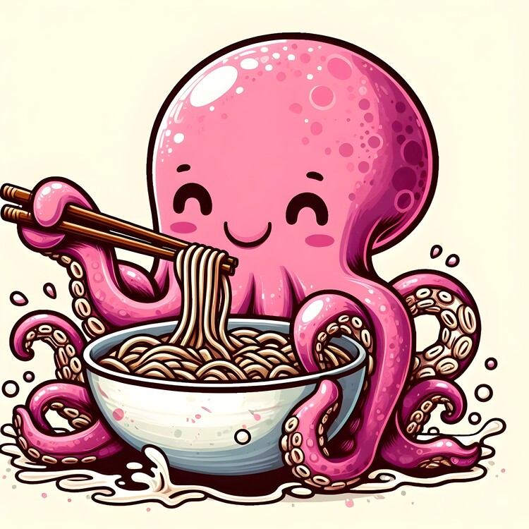Poster cute kawaii octopus eating ramen