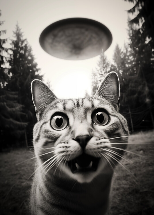 Плакат Scary Cat With UFO Science Fiction