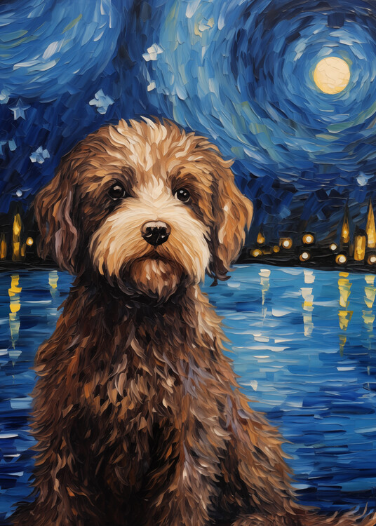 Poster Lagotto Dog Starry Night Oil Painting Pet