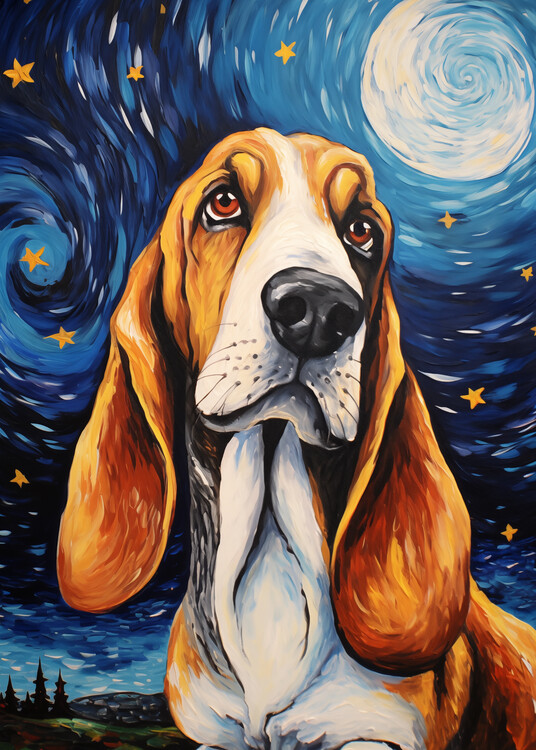 Canvas Print Basset Hound Dog Starry Night Oil Painting Pet