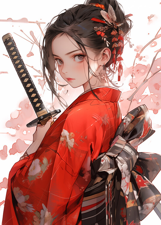 Poster Anime Manga Samurai Girl With Katana Swords Kimono