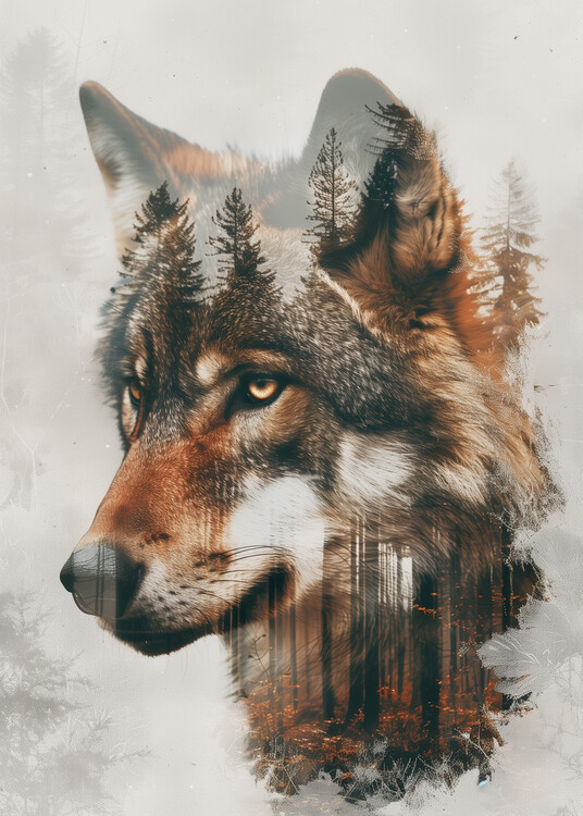 Poster Wolf Double Exposure Nature Woods Portrait Animal