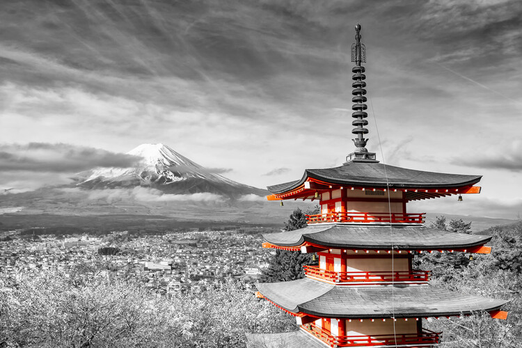Poster Magnificent view of Mount Fuji with Pagoda - colorkey