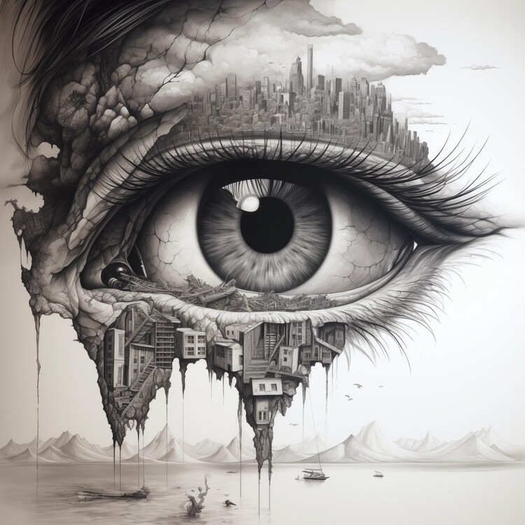 Poster Urban Dreamscape: A Surreal Eye in Black and White