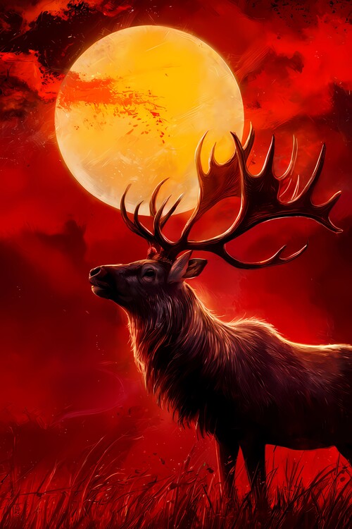 Poster majestic deer silhouetted against a fiery red sky