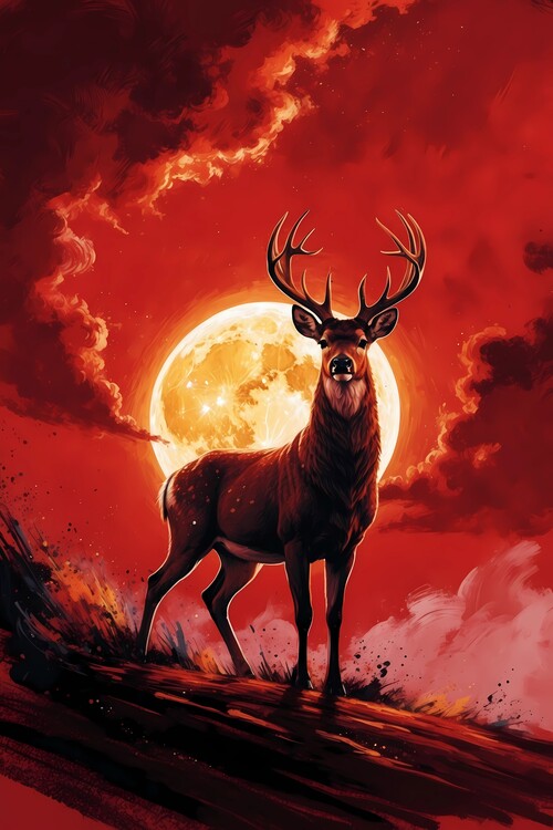 Poster majestic deer silhouetted against a fiery red sky