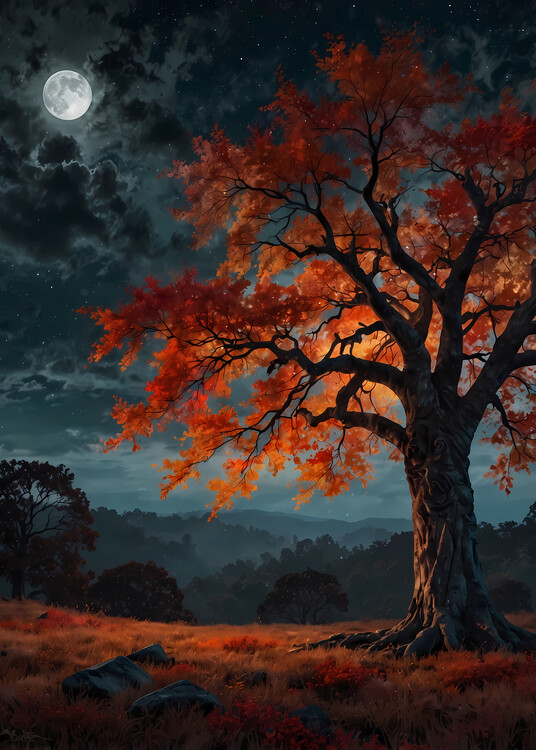 Poster gnarled tree with vibrant red and orange leaves