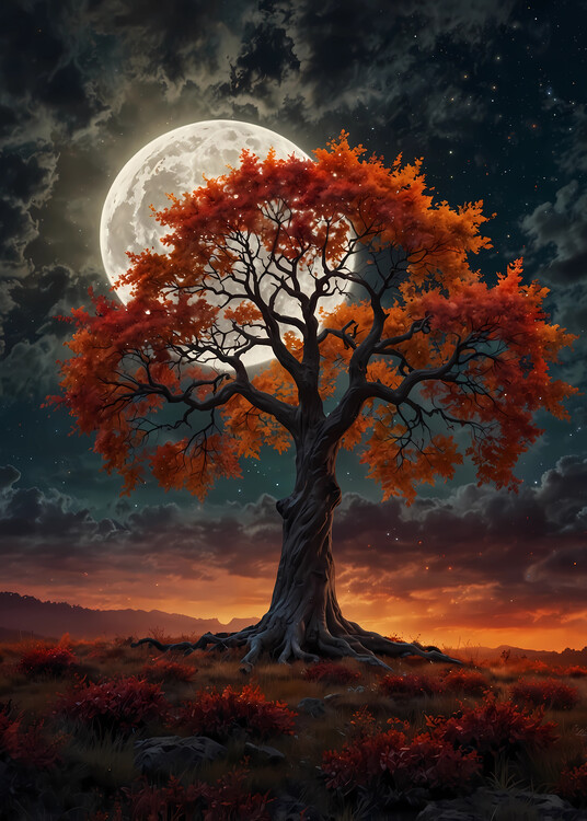 Poster gnarled tree with vibrant red and orange leaves