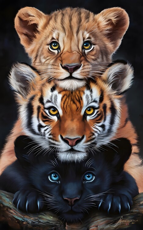 Poster Lion Tiger Panther cubs