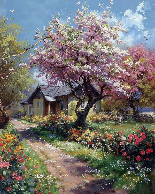 Poster A Country House Garden in Spring with Roses and Flowers