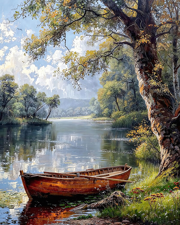 Poster A Boat Anchored at the River's Edge in a Forest, wall decor