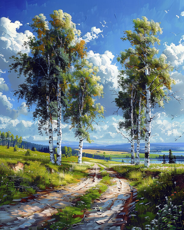 Poster A Country Road Flanked by Tall Trees in a Stunning Landscape