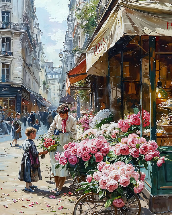 Poster 1920s Canvas Painting of a Flower Vendor, Framed wall Decor