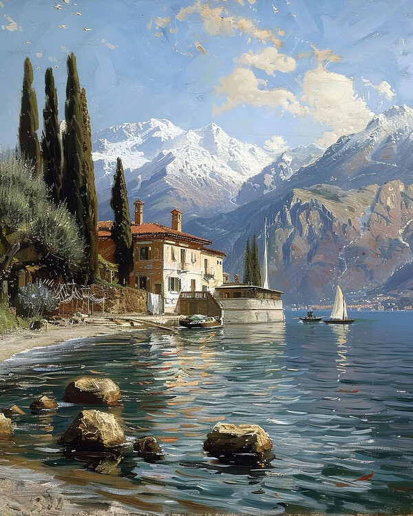Poster A house overlooking a large lake next to a mountain range