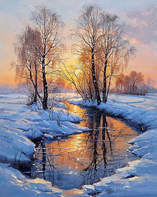 Poster a lake in winter at sunset, wall decor for bedroom