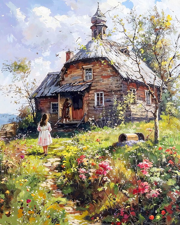 Poster a girl and her mother in front of a wooden house, wall decor