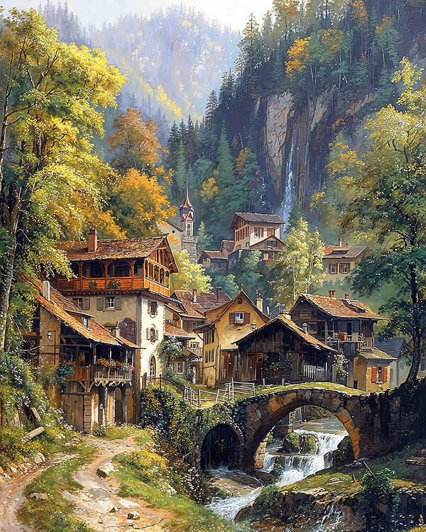 Poster A medieval village and a stone arch between the mountains