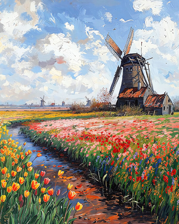 Poster A medieval stone windmill in a flowered marsh connected to t