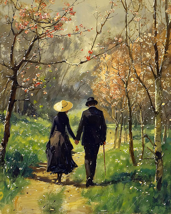 Плакат Man & awoman in love walk through the heart of a forest